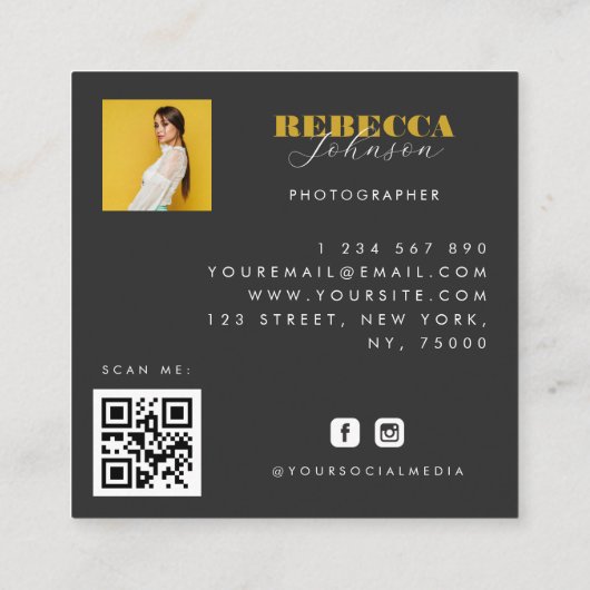Gold Black Bold Script 2 Photo Minimal QR Code スクエア名刺 (裏面)
