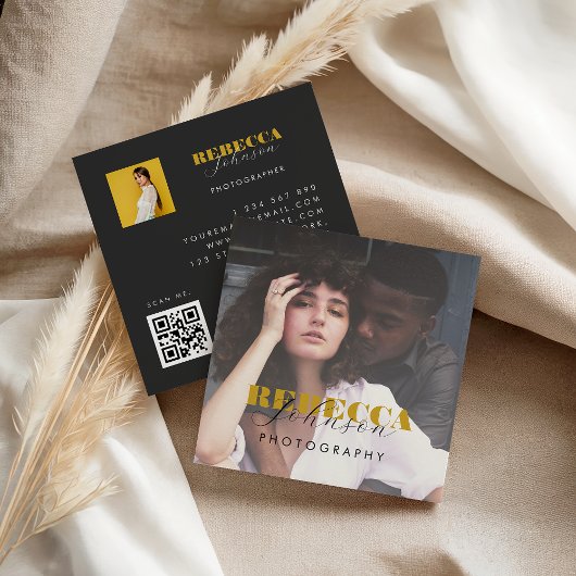 Gold Black Bold Script 2 Photo Minimal QR Code     スクエア名刺