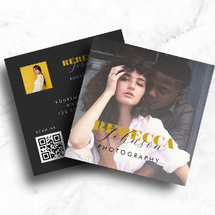Gold Black Bold Script 2 Photo Minimal QR Code     スクエア名刺