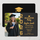 Gold Black Cap Year Picture Graduation 招待状 (正面/裏面)
