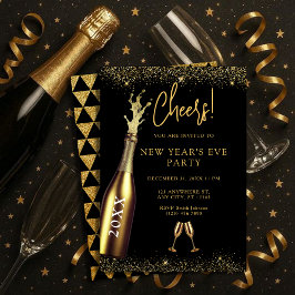 Gold & Black Champagne Bottle New Year's Eve Party 招待状