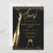 Gold & Black Champagne Bottle New Year's Eve Party 招待状 (正面)