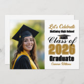 Gold Black Class of 2026 Photo Graduation Party 招待状 (正面/裏面)