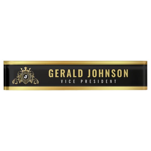 Gold-Black Desk Nameplate with Monogram デスクネームプレート (正面)
