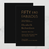Gold Black Fifty and Fabulous 50th Birthday Party  招待状 (正面/裏面)