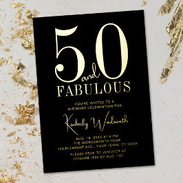 Gold Black Fifty and Fabulous 50th Birthday Party 箔招待状