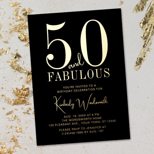 Gold Black Fifty and Fabulous 50th Birthday Party 箔招待状