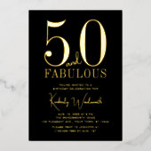 Gold Black Fifty and Fabulous 50th Birthday Party 箔招待状 (正面)