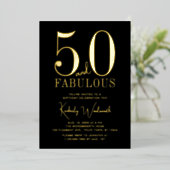 Gold Black Fifty and Fabulous 50th Birthday Party 箔招待状 (立ち正面)