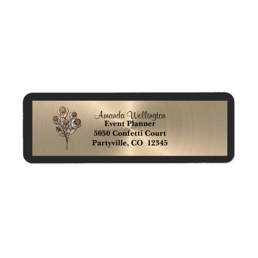 Gold & Black Floral Roses Return Address Label ラベル (正面)
