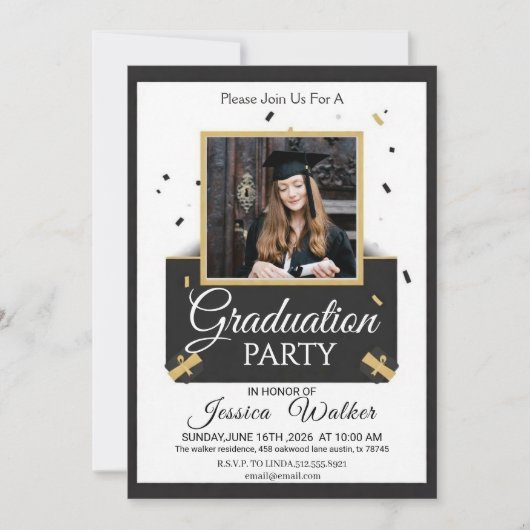 Gold Black Graduation Party Invitation 招待状 (正面)