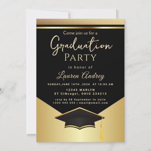 Gold Black Graduation Party Invitation 招待状 (正面)