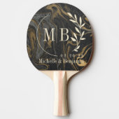 Gold Black Marble Swirl Leaf Wedding Monogram 卓球ラケット (裏面)