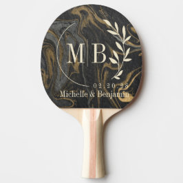 Gold Black Marble Swirl Leaf Wedding Monogram 卓球ラケット