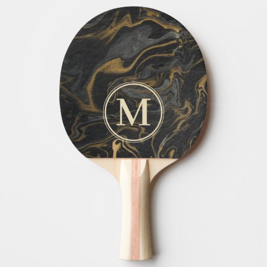 Gold Black Marble Swirl Stone Monogram 卓球ラケット (正面)