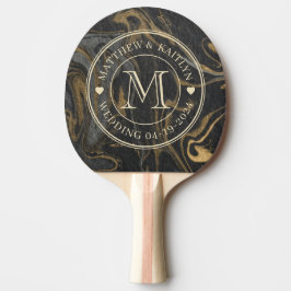 Gold Black Marble Swirl Wedding Monogram Heart 卓球ラケット
