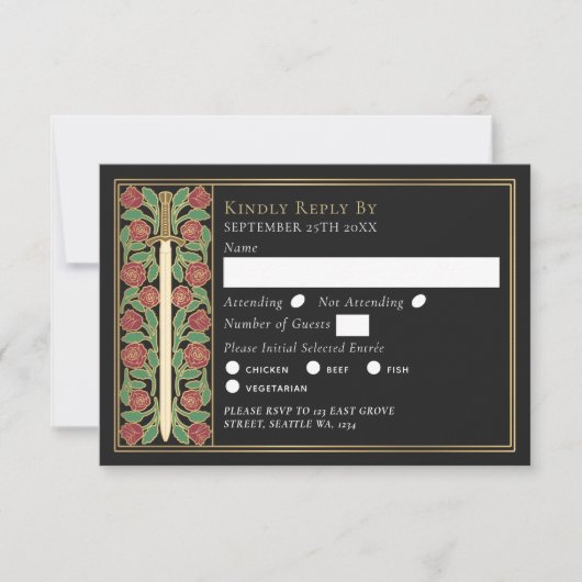 Gold Black Medieval Floral Sword Wedding RSVP (正面)