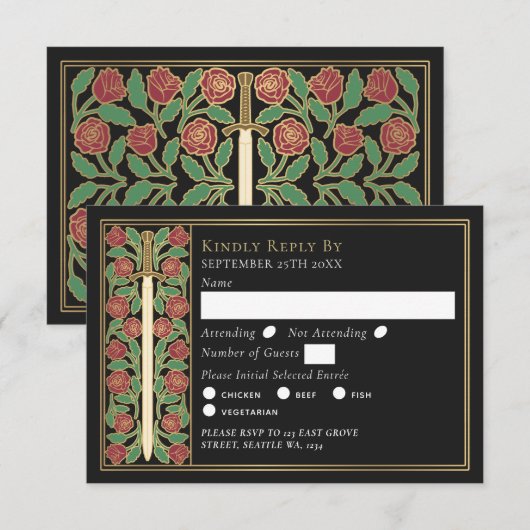 Gold Black Medieval Floral Sword Wedding RSVP (正面/裏面)