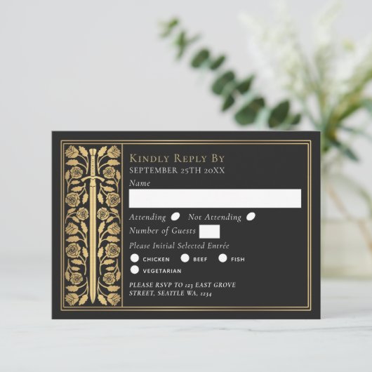 Gold Black Medieval Sword Wedding RSVP (スタンド正面)