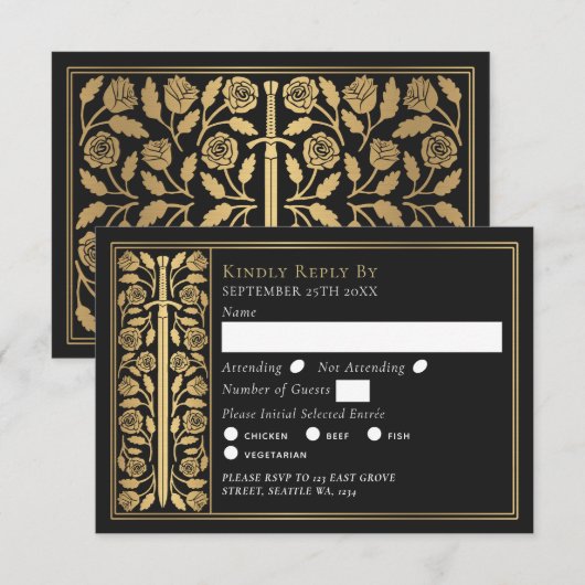 Gold Black Medieval Sword Wedding RSVP (正面/裏面)