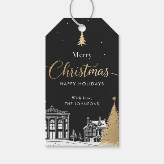 Gold & Black Merry Christmas Calligraphic ギフトタグ (正面)
