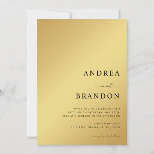 Gold & Black Metallic QR Code All in One Wedding 招待状 (正面)