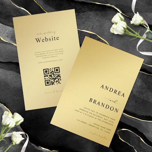 Gold & Black Metallic QR Code All in One Wedding 招待状