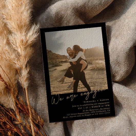 Gold Black minimalist 2 photos engagement party 招待状