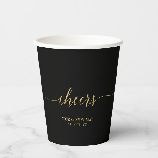 Gold & Black Modern Script Lettering Cheers Party 紙コップ (正面)