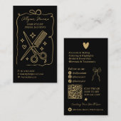 Gold Black Retro Doodles Hair Stylist QR Code 名刺 (正面/裏面)