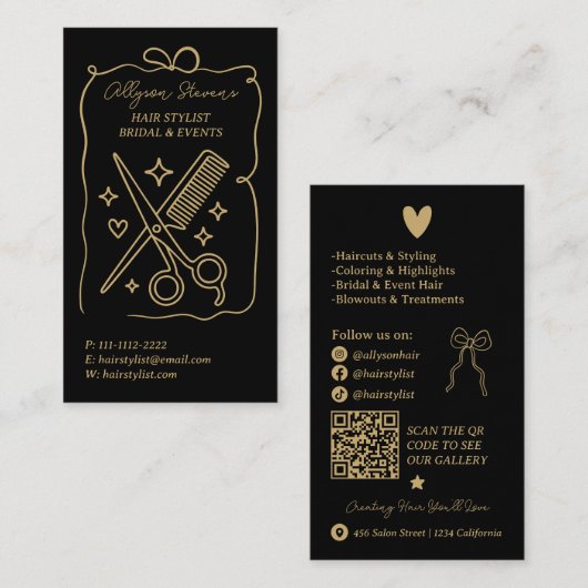 Gold Black Retro Doodles Hair Stylist QR Code 名刺 (正面/裏面)