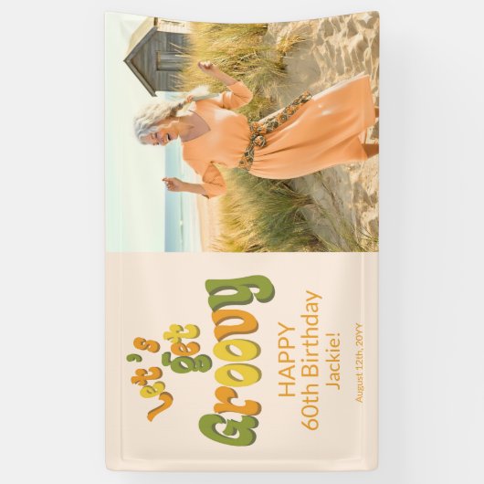 Gold Black Retro Groovy 60th Birthday Photo 横断幕 (縦)