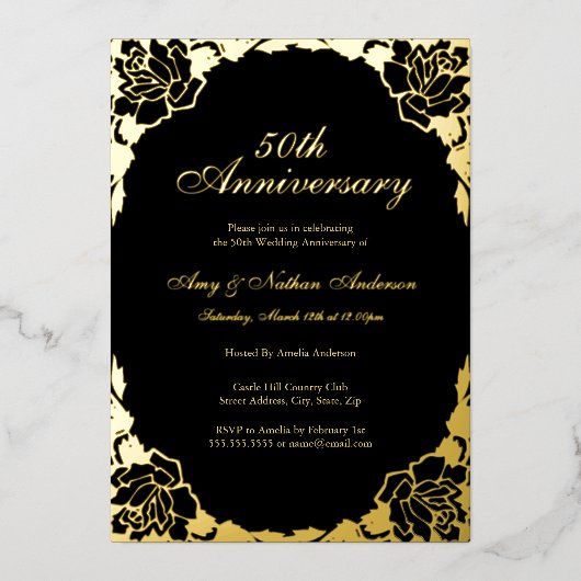 Gold Black Rose Leaf 50th Wedding Anniversary  箔招待状 (正面)