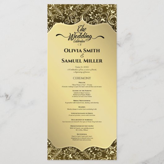 Gold Black Royal Damask Wedding Program プログラム (正面)