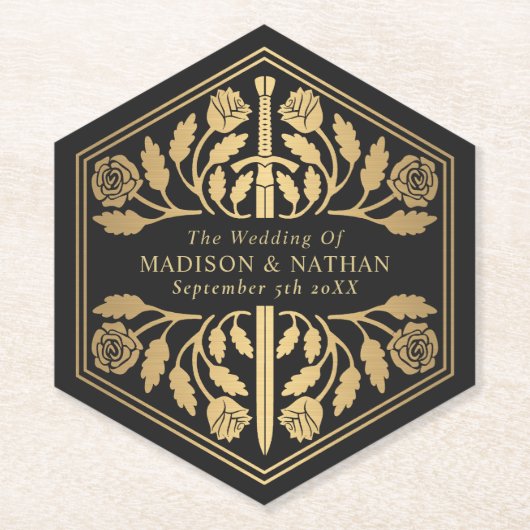 Gold Black Royal Medieval Sword Wedding ペーパーコースター (正面)