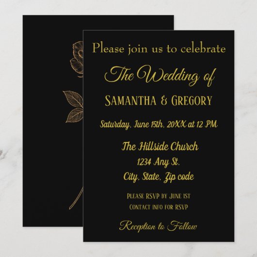 Gold & Black Simple Elegant Wedding Invitation 招待状 (正面/裏面)