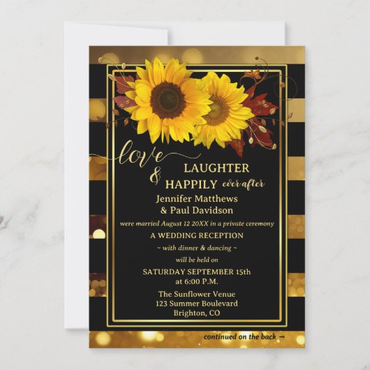 Gold Black Sunflower Happily Ever After Wedding 招待状 (正面)