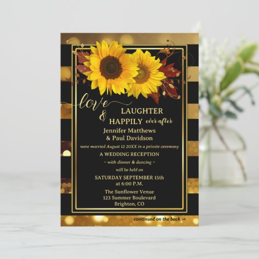 Gold Black Sunflower Happily Ever After Wedding 招待状 (スタンド正面)