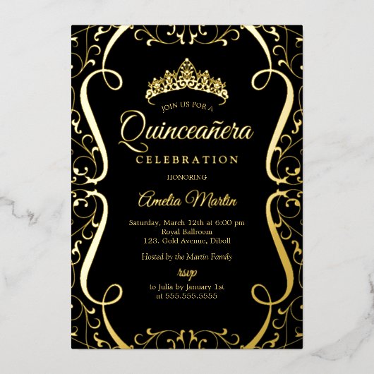 Gold Black Swirl Elegant Quinceanera  箔招待状 (正面)