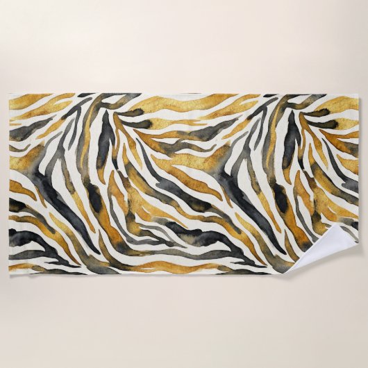 Gold Black Zebra Print Pattern ビーチタオル (正面)