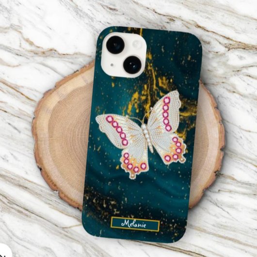 Gold Blue Acrylic Paint Butterfly Monogram Case-Mate iPhoneケース