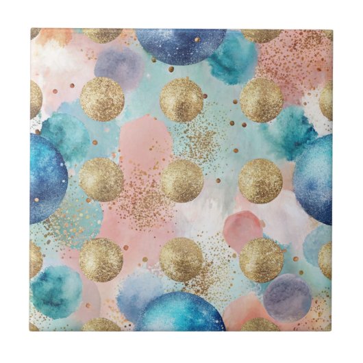 Gold & Blue Circle Pattern with Glitter Accents タイル (正面)