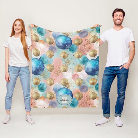 Gold & Blue Circle Pattern with Glitter Accents フリースブランケット (インサイチュ)