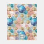 Gold & Blue Circle Pattern with Glitter Accents フリースブランケット (正面)