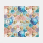 Gold & Blue Circle Pattern with Glitter Accents フリースブランケット (正面(横))