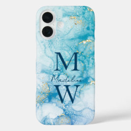 Gold Blue Glitter Watercolor Personalize iPhone 16ケース