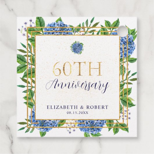 Gold Blue Hydrangea 60th Wedding Anniversary フェイバータグ (裏面)