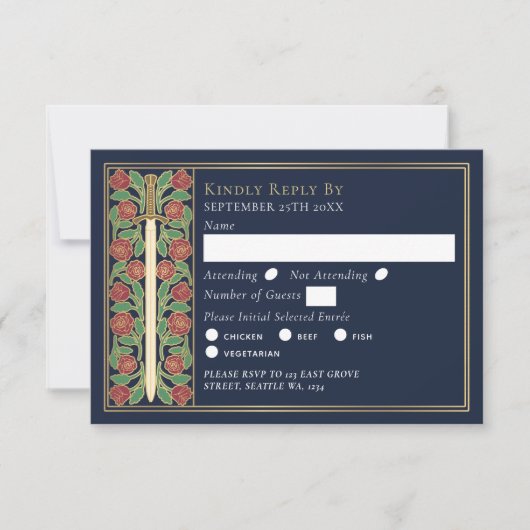 Gold Blue Medieval Floral Sword Wedding RSVP (正面)