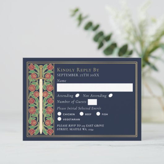 Gold Blue Medieval Floral Sword Wedding RSVP (スタンド正面)