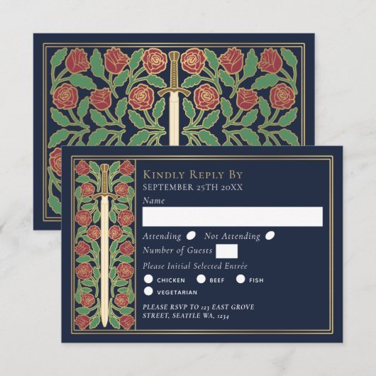 Gold Blue Medieval Floral Sword Wedding RSVP (正面/裏面)